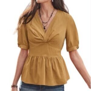 Sundance Anna Corduroy Mustard Peplum Babydoll V-Neck Top Size XS